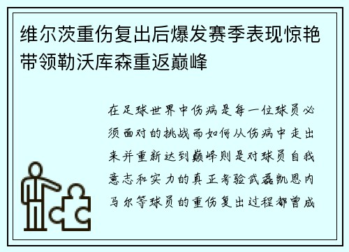 维尔茨重伤复出后爆发赛季表现惊艳带领勒沃库森重返巅峰 维尔茨重伤复出后爆发赛季表现惊艳带领勒沃库森重返巅峰
